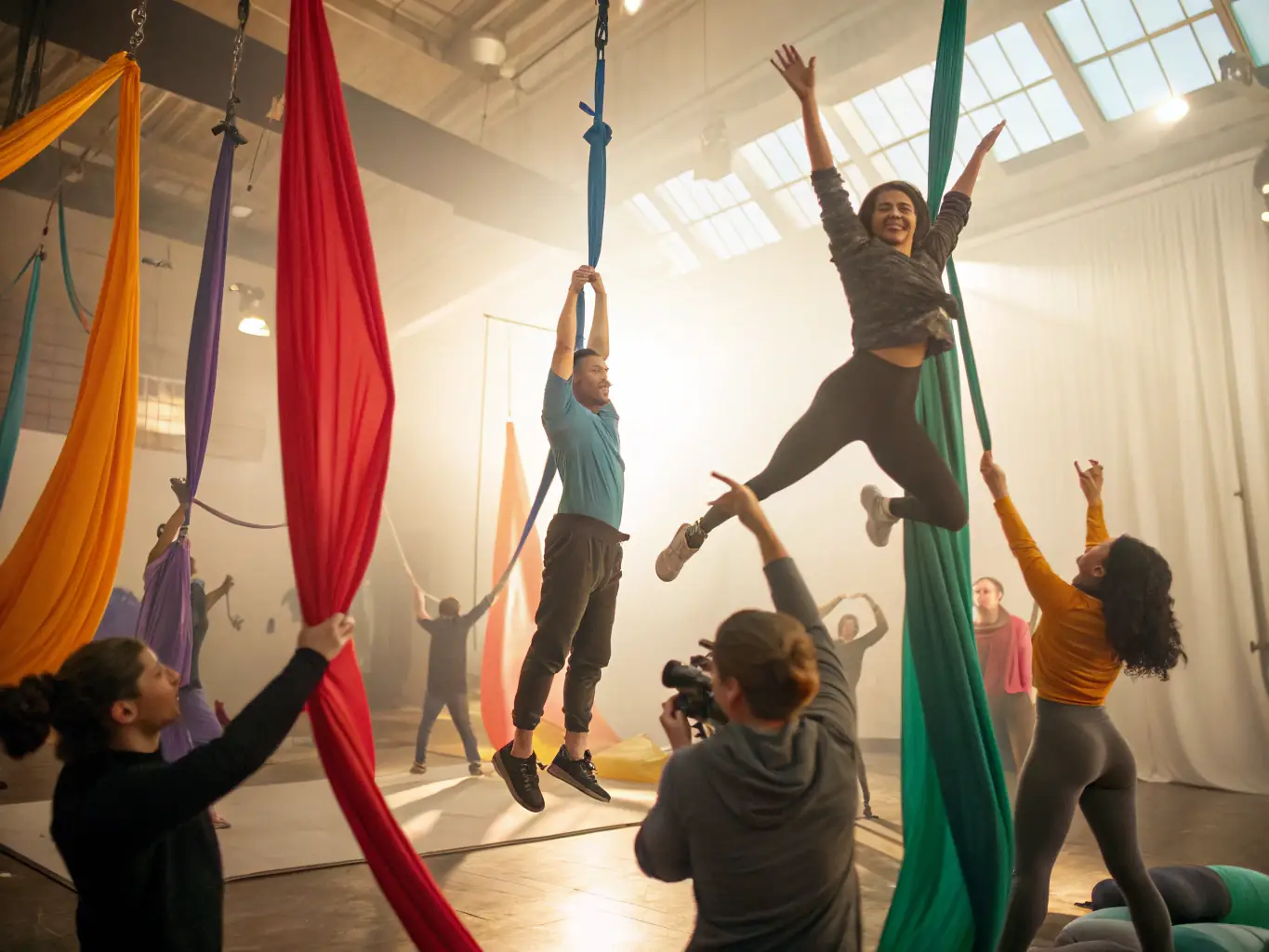 A dynamic image of adults engaged in an aerial silks class, demonstrating strength, flexibility, and artistic expression at ECOLE DE CIRQUE : HORS PISTE.