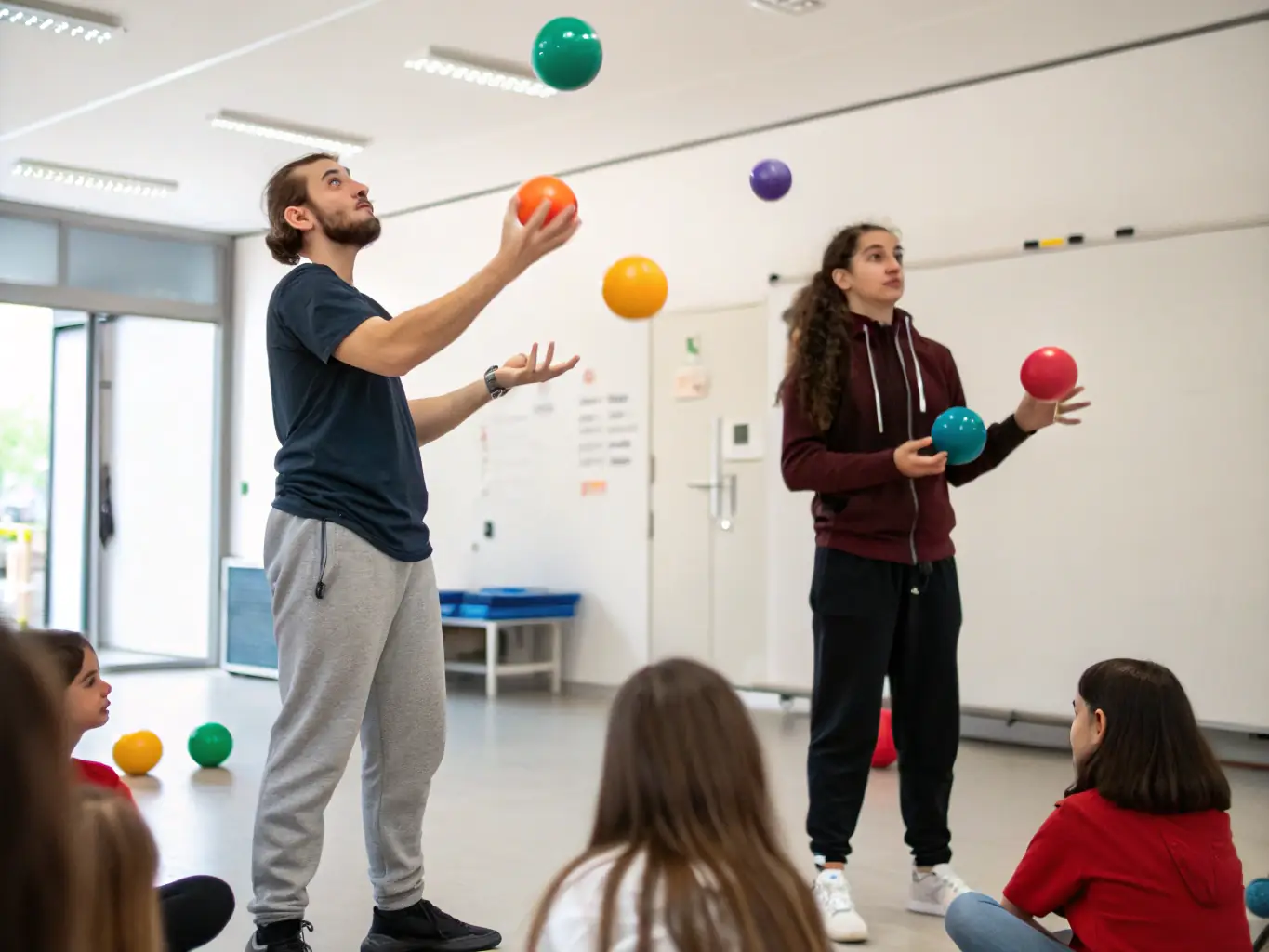 A vibrant image of children participating in a juggling workshop, showcasing their focus and coordination under the guidance of an instructor at ECOLE DE CIRQUE : HORS PISTE.