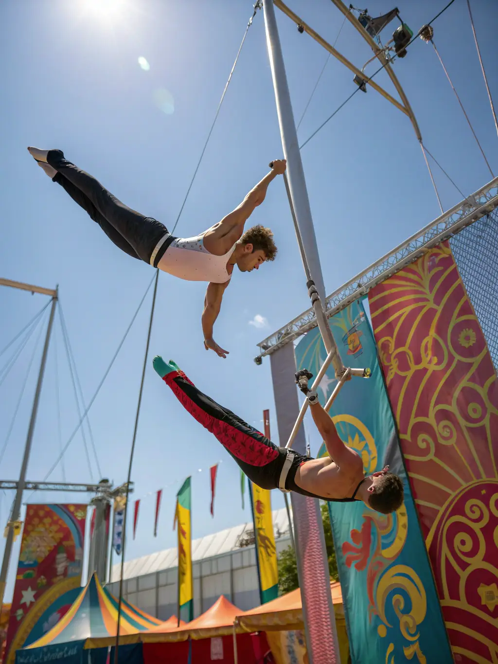 A captivating image of adults performing a trapeze act during a community performance organized by ECOLE DE CIRQUE : HORS PISTE, highlighting the artistry and skill involved.