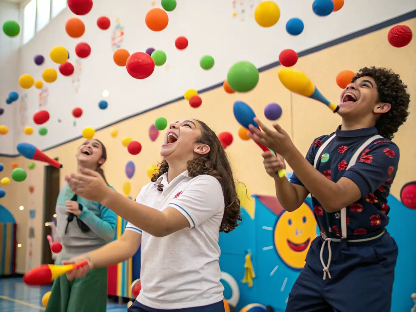 A vibrant image of children participating in a juggling workshop, showcasing their focus and enjoyment, set against a colorful circus backdrop.