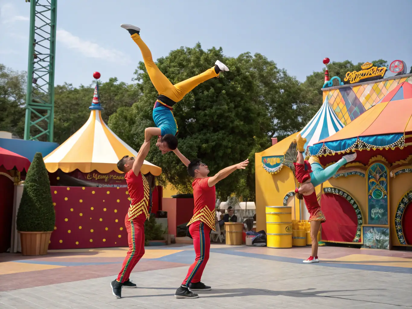 A captivating image of a diverse group of individuals collaborating on a group acrobatics routine, highlighting the sense of community and shared accomplishment.