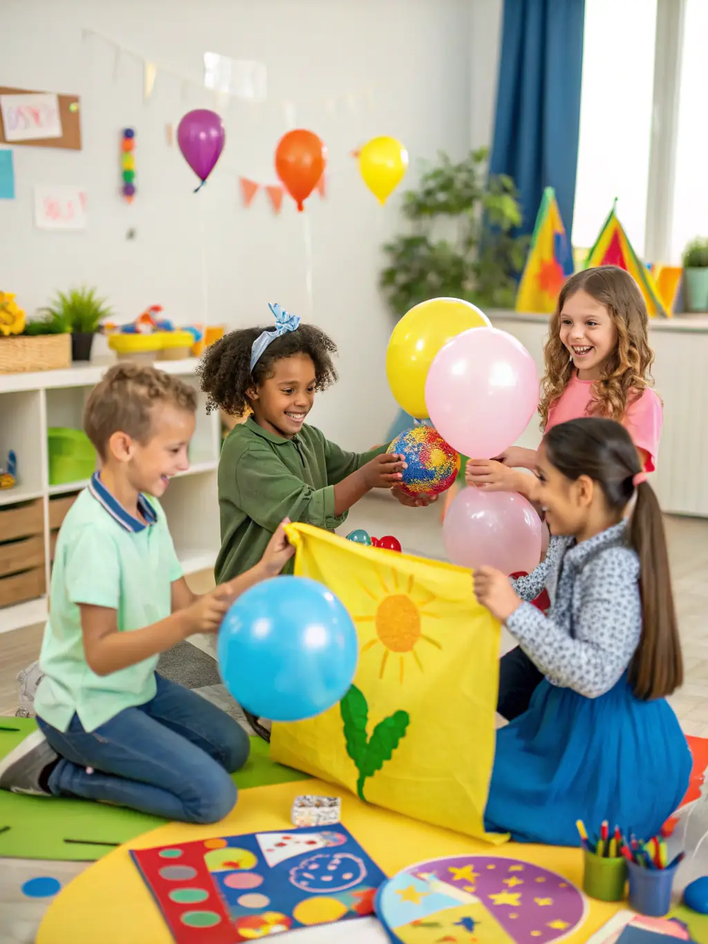 A vibrant photo of children laughing and collaborating during a circus arts workshop, showcasing teamwork and creative expression at ECOLE DE CIRQUE : HORS PISTE.